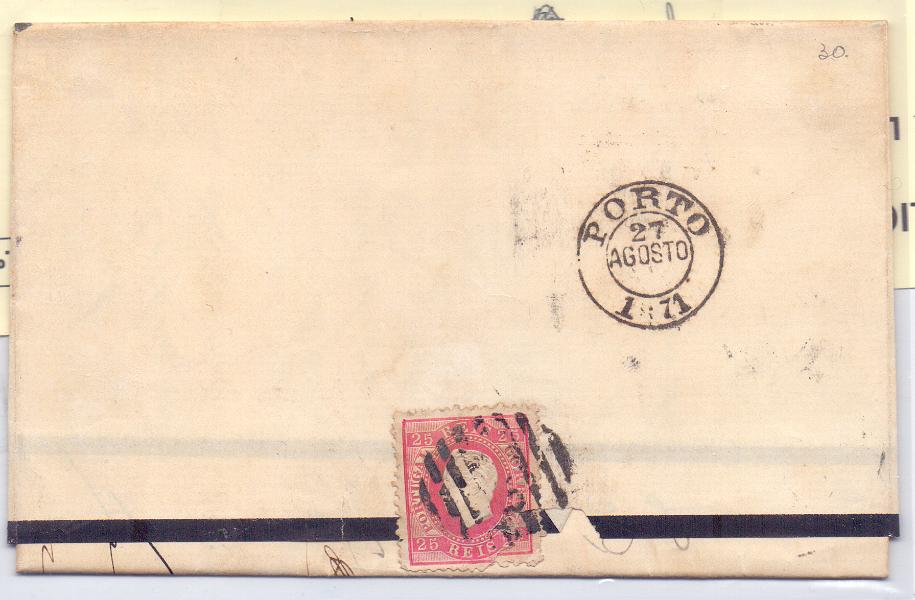 0847 v.jpg -     Lote:    847 (verso)            Portugal       Descrição:         1870/76 &mdash; D. Luís I, fita direita. CE40, 25 reis. Carta circulada de Viseu (26.08.71) para o Porto (27.08.71). Porteada com 50 reis por excesso de peso. Selo fixo batido a preto. B e R.        Carta       Valor Base:     &euro; 50,00     Valor Venda:     Retirado     